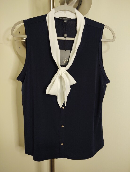 Adrianna Papell Tops - Adrianna Papell Navy Sleeveless Blouse with White Tie Neck Medium NWT